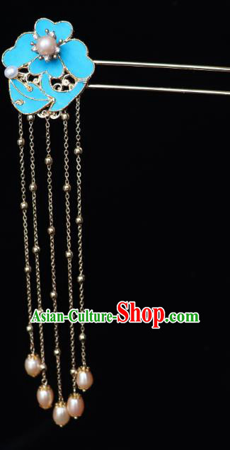 China Ancient Court Princess Pearls Tassel Hairpin Handmade Hair Accessories Traditional Ming Dynasty Palace Hair Stick