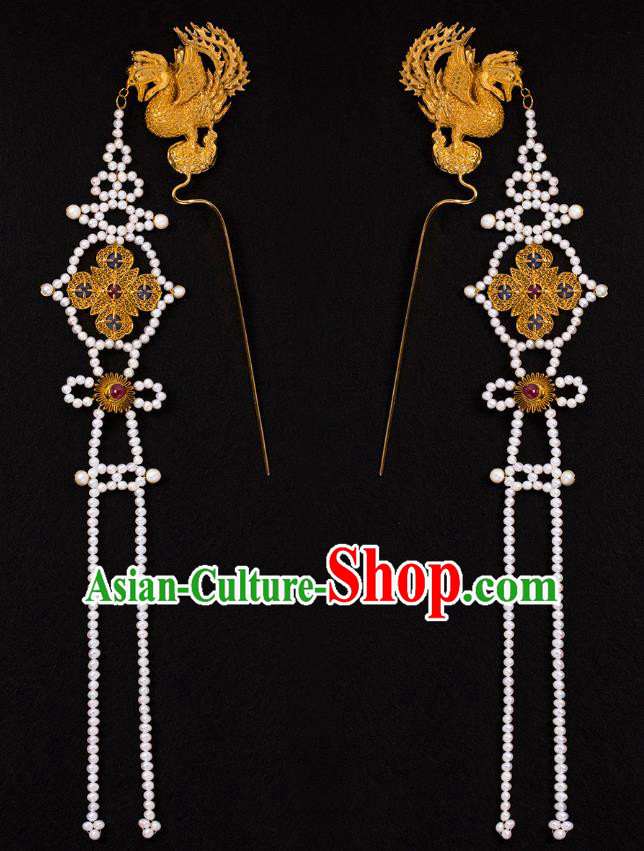 China Traditional Ming Dynasty Queen Tassel Hairpin Handmade Hair Accessories Ancient Empress Golden Phoenix Hair Stick