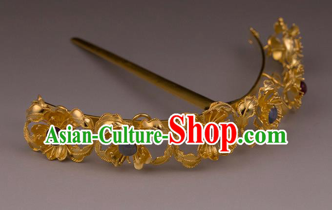 China Ancient Queen Gems Hairpin Handmade Hair Accessories Traditional Ming Dynasty Court Golden Flowers Hair Stick