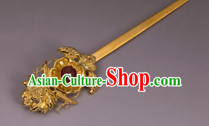 China Ancient Queen Golden Lotus Hairpin Handmade Hair Accessories Traditional Ming Dynasty Court Plum Blossom Hair Stick