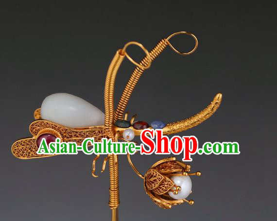China Ancient Princess White Jade Hairpin Handmade Hair Accessories Traditional Ming Dynasty Gems Dragonfly Hair Stick