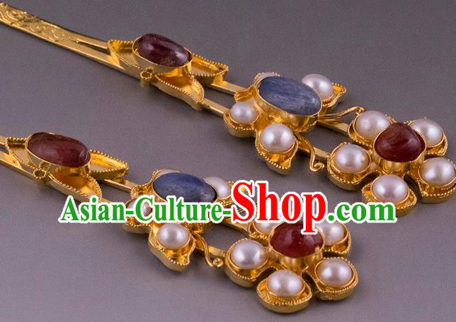 China Ancient Empress Pearls Hairpin Handmade Hair Accessories Traditional Ming Dynasty Court Gems Hair Stick