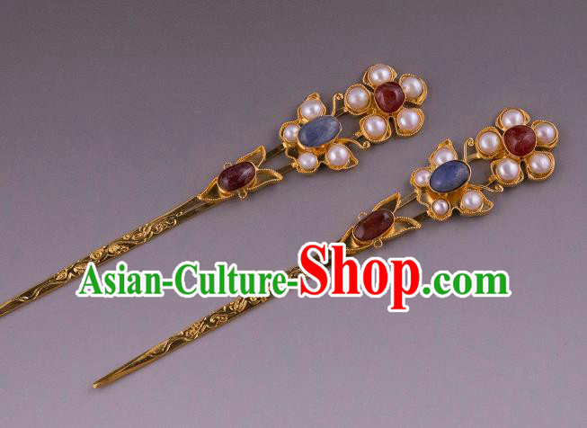 China Ancient Empress Pearls Hairpin Handmade Hair Accessories Traditional Ming Dynasty Court Gems Hair Stick