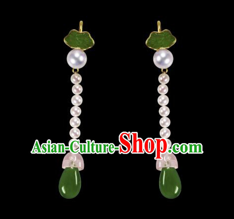 Handmade Chinese Qing Dynasty Court Pearls Ear Accessories Traditional Ancient Palace Lady Earrings Jade Jewelry