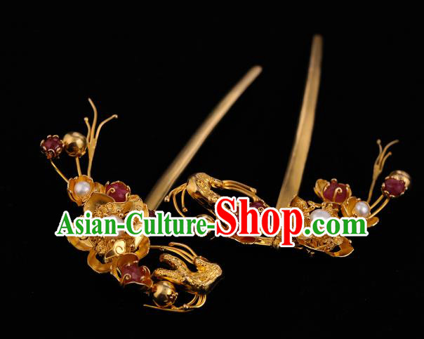 China Ancient Court Empress Golden Plum Hair Stick Handmade Hair Accessories Traditional Ming Dynasty Pearls Hairpin
