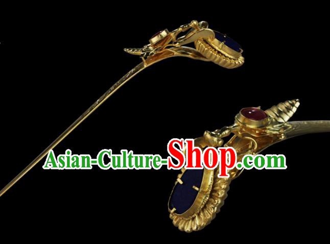 China Ancient Hanfu Golden Hair Stick Handmade Hair Accessories Traditional Ming Dynasty Court Gem Hairpin
