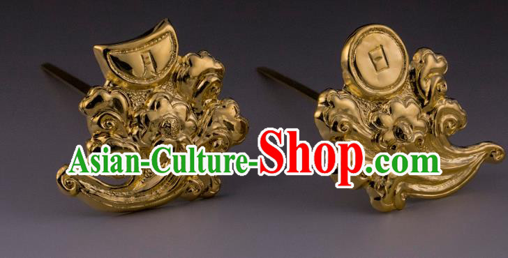 China Ancient Imperial Empress Golden Hairpins Handmade Hair Accessories Traditional Ming Dynasty Court Hair Sticks