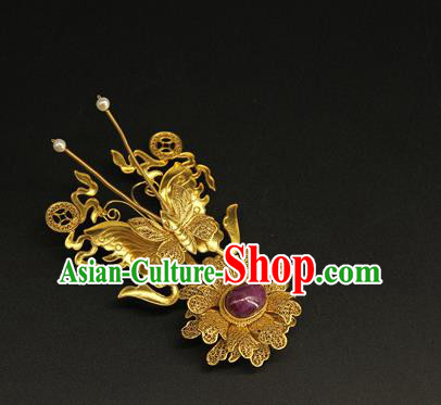 China Ancient Queen Golden Butterfly Hair Stick Handmade Hair Accessories Traditional Ming Dynasty Flower Hairpin