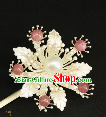 China Ancient Princess Hair Stick Handmade Hair Accessories Traditional Ming Dynasty Argent Flower Hairpin