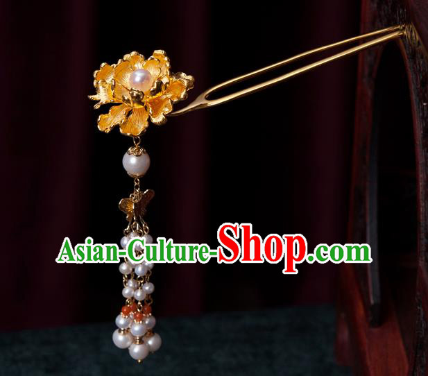 China Traditional Tang Dynasty Pearl Tassel Hair Stick Ancient Empress Golden Peony Hairpin Hair Accessories