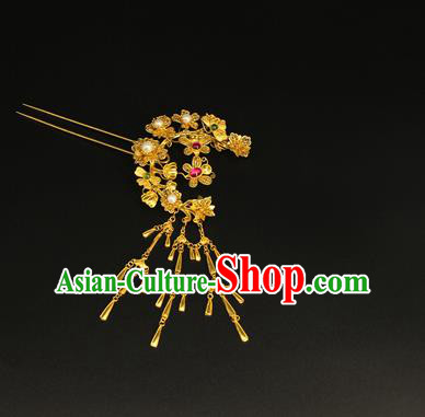 China Traditional Court Golden Flowers Hair Stick Handmade Hair Accessories Ancient Ming Dynasty Tassel Hairpin