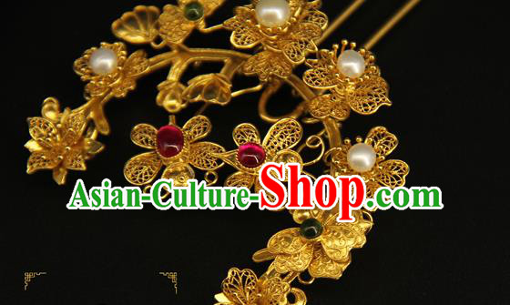 China Traditional Court Golden Flowers Hair Stick Handmade Hair Accessories Ancient Ming Dynasty Tassel Hairpin