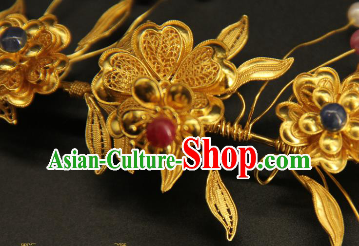 China Traditional Court Golden Hair Sticks Handmade Hair Accessories Ancient Ming Dynasty Gems Hairpin