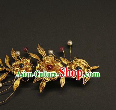 China Traditional Court Golden Hair Sticks Handmade Hair Accessories Ancient Ming Dynasty Gems Hairpin