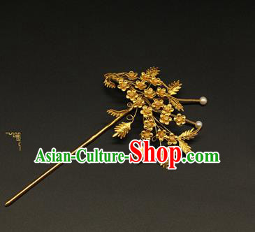China Handmade Golden Plum Hair Accessories Ancient Ming Dynasty Empress Hairpin Traditional Court Hair Stick