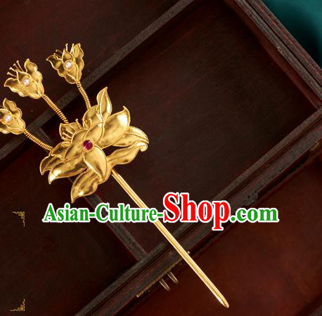 China Ancient Empress Golden Lotus Hairpin Traditional Ming Dynasty Hair Accessories Handmade Gems Hair Clip