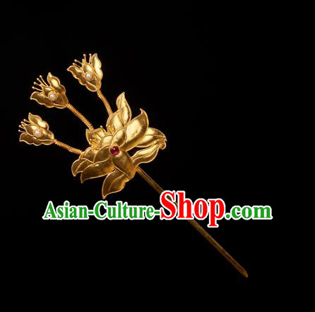 China Ancient Empress Golden Lotus Hairpin Traditional Ming Dynasty Hair Accessories Handmade Gems Hair Clip