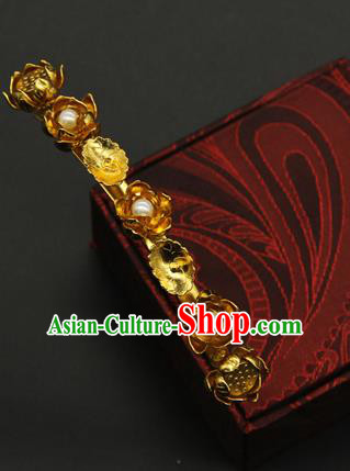 China Traditional Handmade Pearls Hairpin Ming Dynasty Golden Flowers Hair Stick Ancient Court Hair Accessories