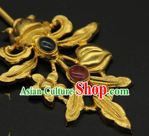 China Traditional Handmade Gems Hairpin Ancient Court Hair Accessories Ming Dynasty Golden Hair Stick