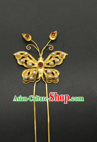 China Ming Dynasty Pearls Hair Stick Ancient Court Hair Accessories Traditional Handmade Golden Butterfly Hairpin