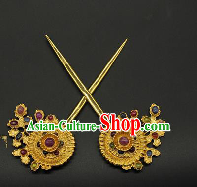 China Traditional Ming Dynasty Gems Hair Stick Handmade Golden Hairpin Ancient Court Empress Hair Accessories