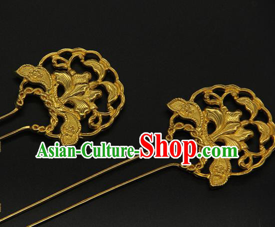 China Traditional Ming Dynasty Golden Hair Stick Ancient Court Empress Hair Accessories Handmade Hairpin