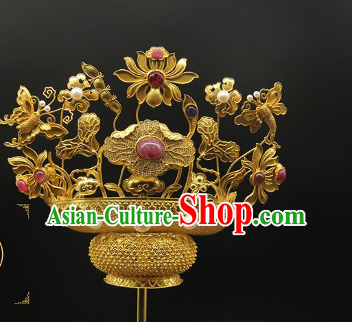 China Traditional Qing Dynasty Golden Lotus Butterfly Hair Stick Ancient Court Empress Hair Accessories Handmade Gems Hairpin