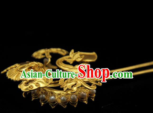 China Traditional Handmade Golden Bat Hairpin Ancient Court Empress Hair Accessories Ming Dynasty Pearls Hair Stick