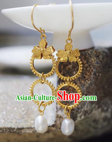 Handmade Chinese Traditional Ming Dynasty Court Ear Jewelry Ancient Queen Golden Earrings Accessories