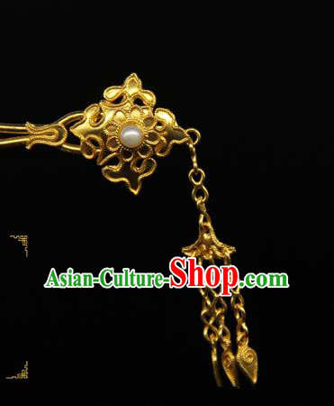 China Traditional Handmade Court Golden Hairpin Ancient Queen Hair Accessories Ming Dynasty Tassel Hair Stick