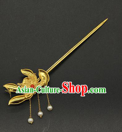 China Handmade Court Golden Lotus Hairpin Traditional Queen Tassel Hair Stick Ancient Qing Dynasty Hair Accessories