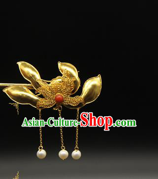 China Handmade Court Golden Lotus Hairpin Traditional Queen Tassel Hair Stick Ancient Qing Dynasty Hair Accessories
