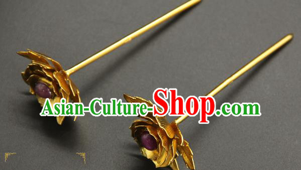 China Ancient Court Queen Golden Peony Hairpin Traditional Handmade Hair Stick Ming Dynasty Hair Accessories
