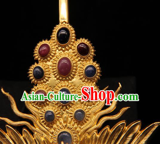 China Ancient Imperial Consort Gems Hairpin Handmade Hair Accessories Traditional Ming Dynasty Phoenix Hair Stick