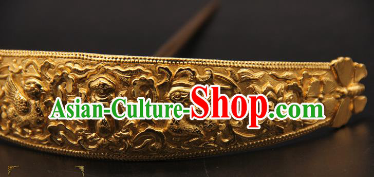 China Traditional Wedding Hair Accessories Ancient Queen Golden Hairpin Handmade Ming Dynasty Court Hair Crown