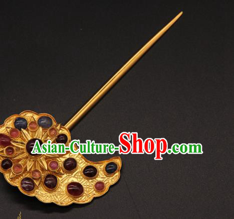 China Ancient Queen Golden Hairpin Handmade Ming Dynasty Empress Gems Hair Stick Traditional Court Hair Accessories