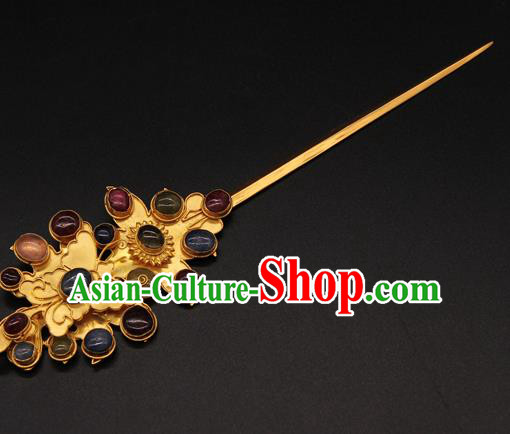 China Ancient Queen Gems Hairpin Traditional Court Hair Accessories Handmade Ming Dynasty Empress Hair Stick