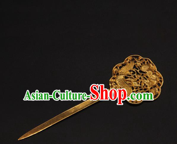 China Handmade Yuan Dynasty Empress Golden Phoenix Hairpin Traditional Palace Hair Accessories Ancient Hanfu Hair Stick