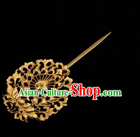 China Traditional Handmade Golden Lotus Hairpin Ming Dynasty Hair Accessories Ancient Empress Hair Stick