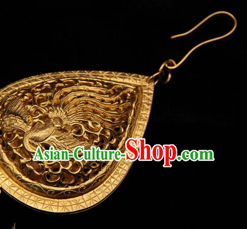 Handmade Chinese Ancient Empress Golden Phoenix Earrings Jewelry Traditional Ming Dynasty Palace Ear Accessories