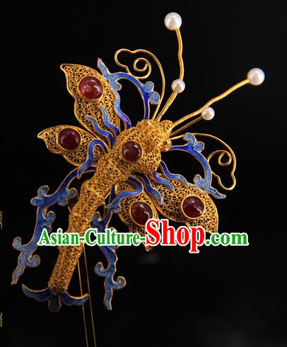China Handmade Queen Enamel Dragonfly Hair Stick Traditional Palace Headpiece Ancient Qing Dynasty Empress Gems Hairpin