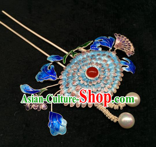 China Traditional Palace Hair Jewelry Ancient Qing Dynasty Empress Pearls Hairpin Handmade Court Blueing Chrysanthemum Hair Stick