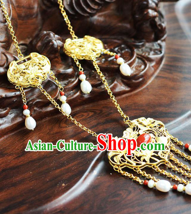 China Traditional Ming Dynasty Pearls Tassel Longevity Lock Ancient Princess Golden Necklace
