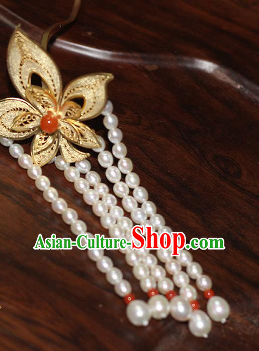 China Handmade Court Beads Tassel Hair Stick Traditional Palace Hair Jewelry Ancient Qing Dynasty Empress Golden Leaf Hairpin