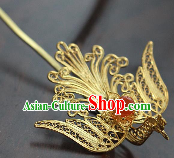 China Handmade Court Agate Bead Hair Stick Traditional Palace Hair Jewelry Ancient Ming Dynasty Empress Golden Phoenix Hairpin
