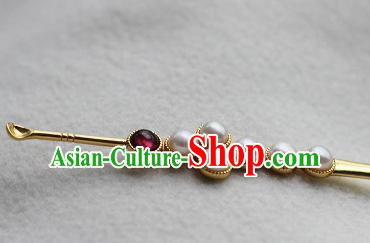 China Ancient Ming Dynasty Garnet Hair Stick Traditional Palace Hair Jewelry Handmade Court Empress Pearls Hairpin
