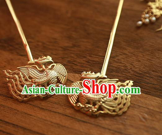 China Handmade Ancient Court Empress Golden Phoenix Hairpin Traditional Palace Hair Jewelry Ming Dynasty Hair Stick