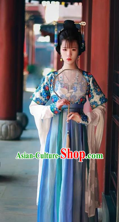 China Traditional Tang Dynasty Royal Princess Historical Clothing Ancient Palace Lady Blue Hanfu Dress