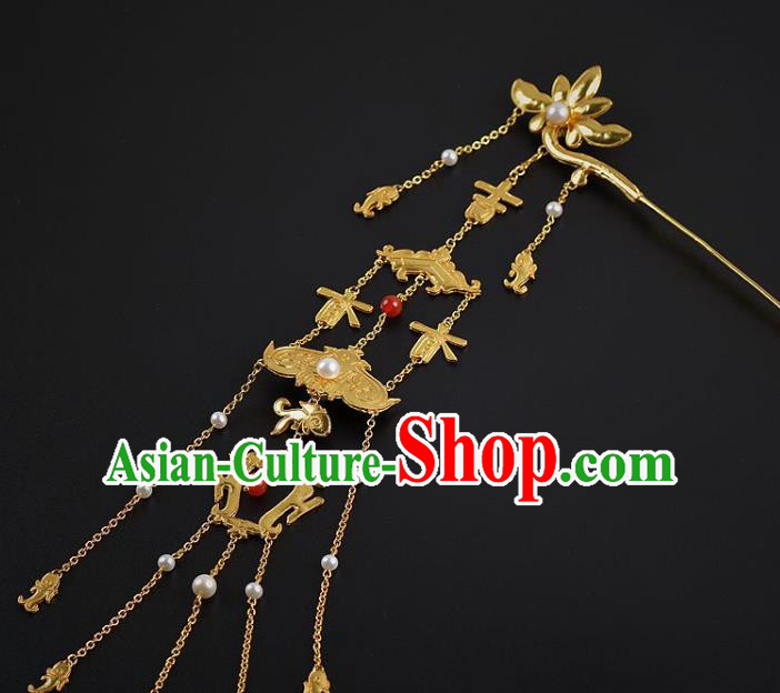 China Ancient Empress Golden Lotus Hairpin Handmade Palace Hair Jewelry Traditional Ming Dynasty Tassel Hair Stick