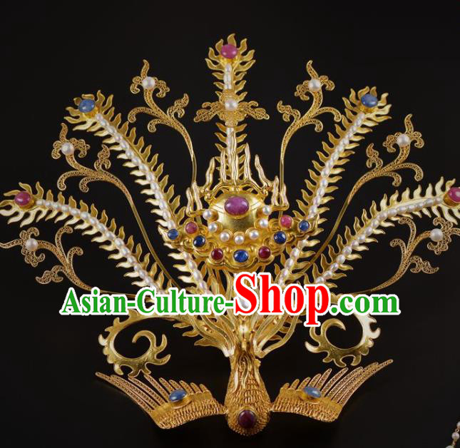China Traditional Ming Dynasty Golden Hairpin Handmade Hair Jewelry Ancient Empress Pearls Phoenix Hair Crown